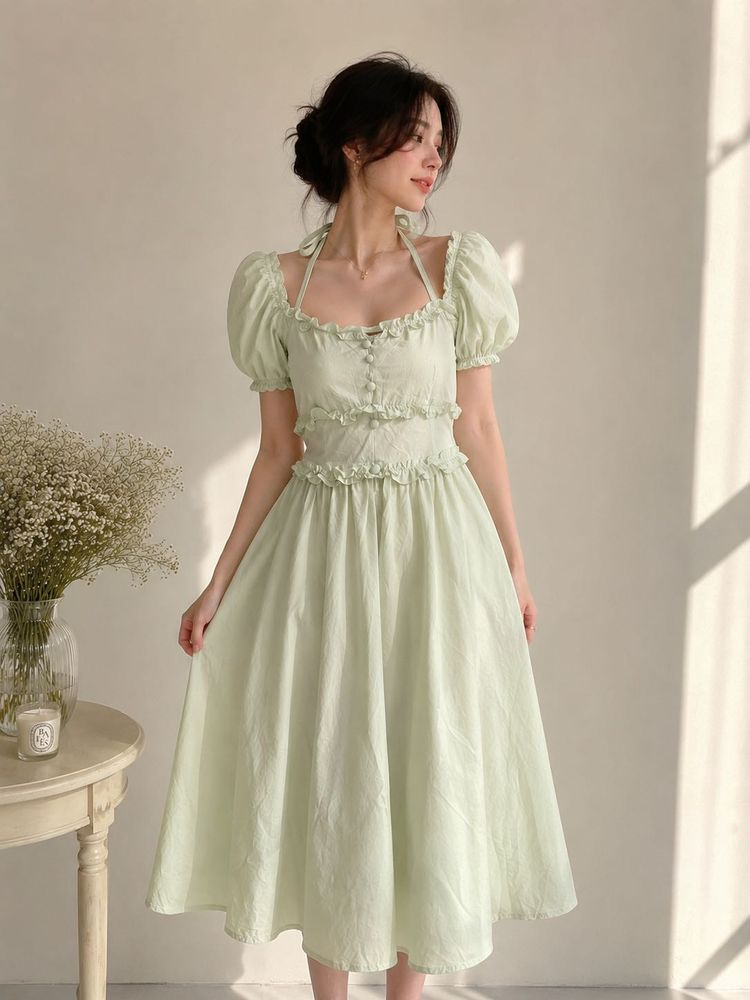 Light Green Ruffle Detail Midi Dress