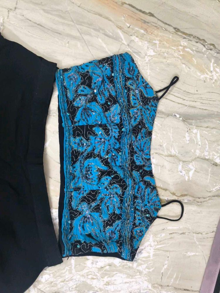 Embellished Blue &amp; Black Blouse and skirt