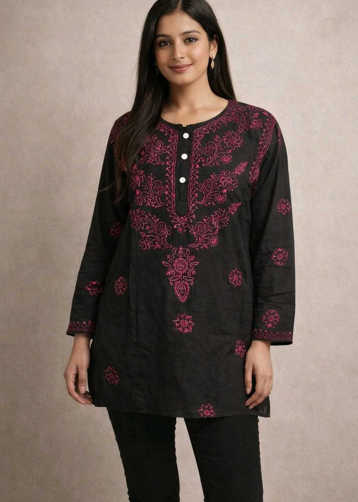 Black Chikankari Short Kurti with Pink Embroidery
