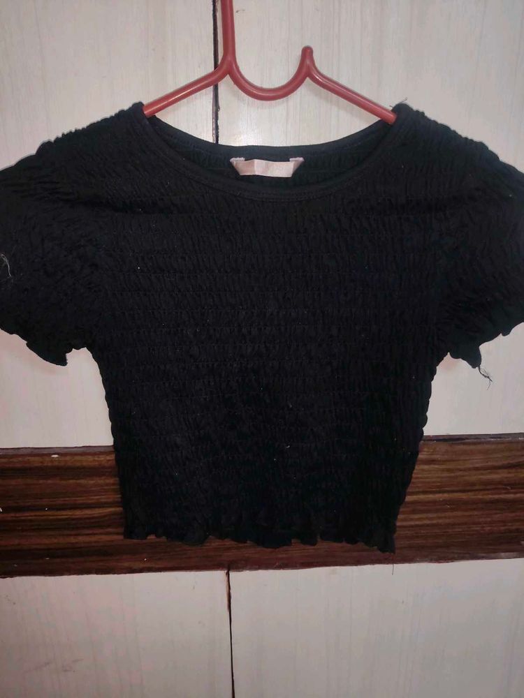 Chic Black Smocked Crop Top