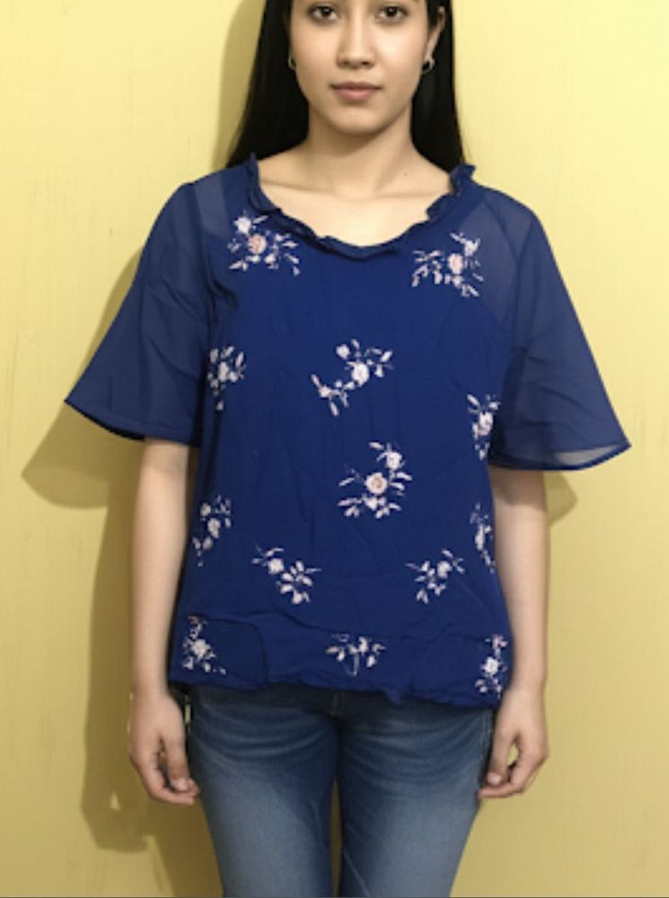 Blue Floral Embroidered Top