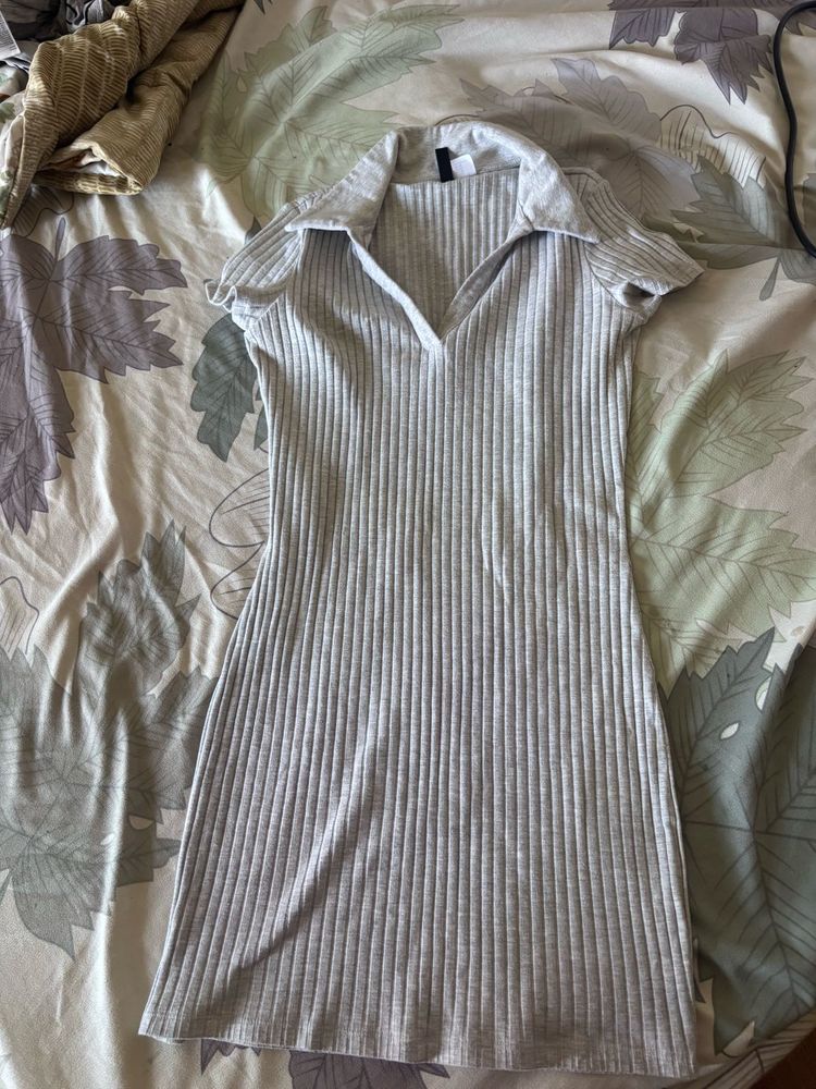 Grey Ribbed Collared Mini Dress