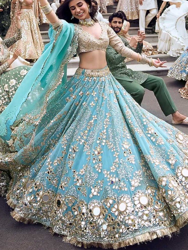 Stunning Blue Mirror Work Lehenga Set