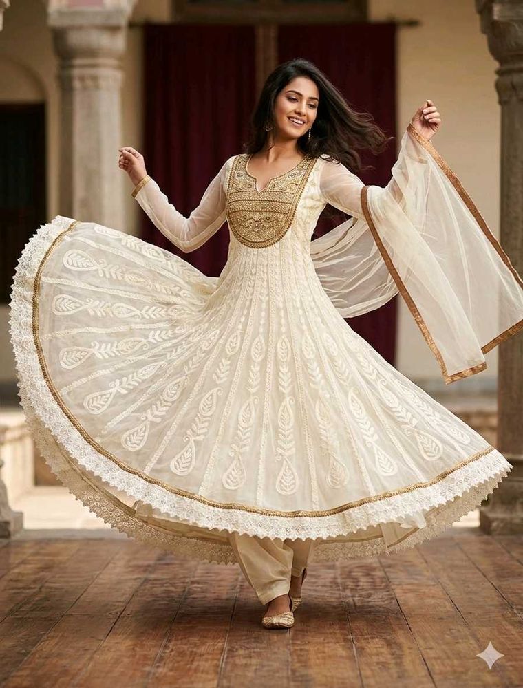 Elegant White &amp; Gold Embroidered Anarkali Dress