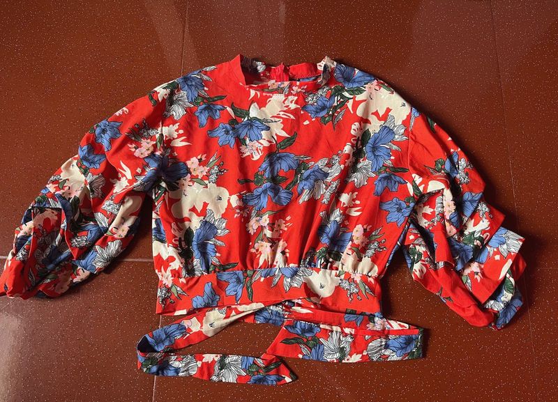 Red Floral Puff Sleeve Top