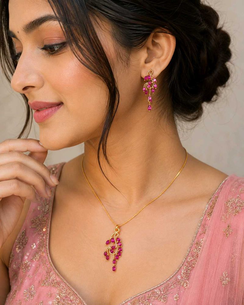 Elegant Pink Stone Pendant Set with Matching Earri