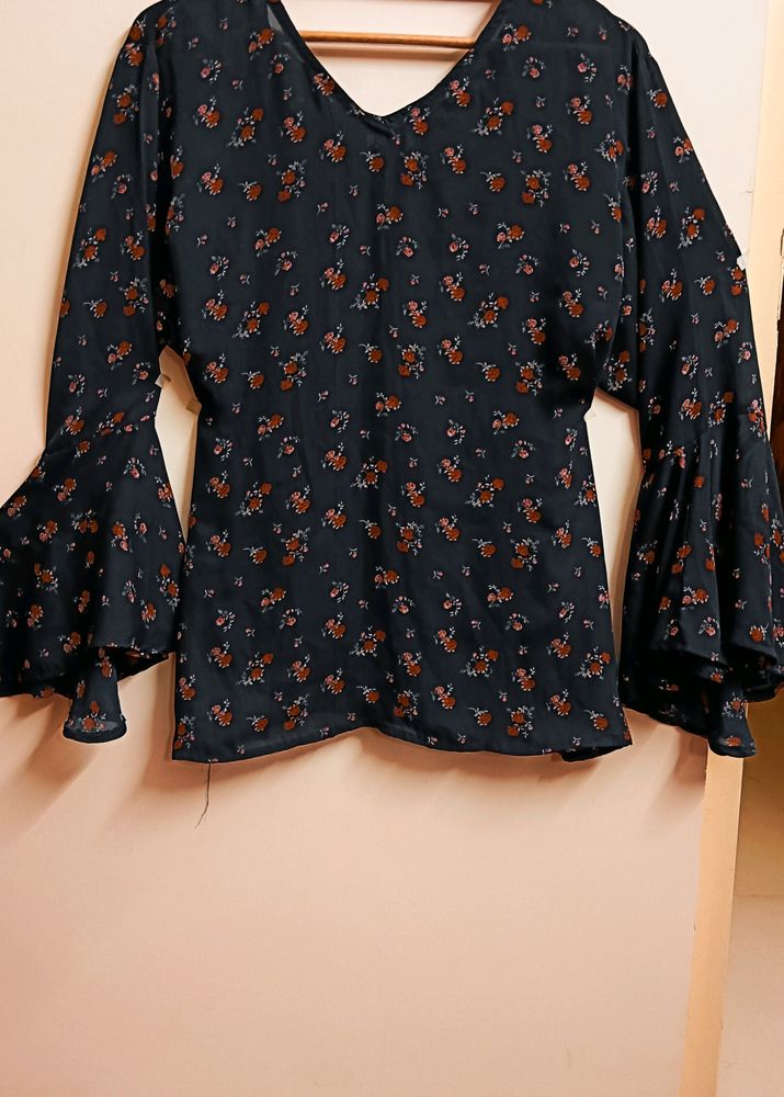 Floral Black Top With Neck Design Oversized