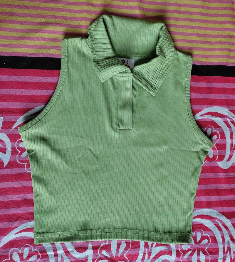 Mint Green Ribbed Polo Crop Top