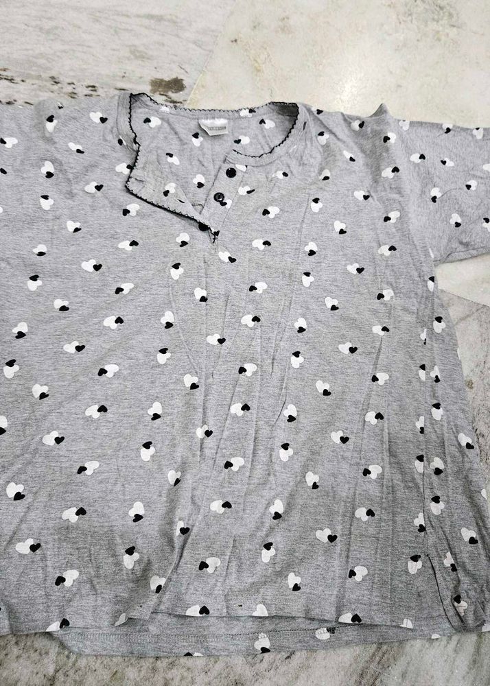 Grey Heart Print Pajama Top