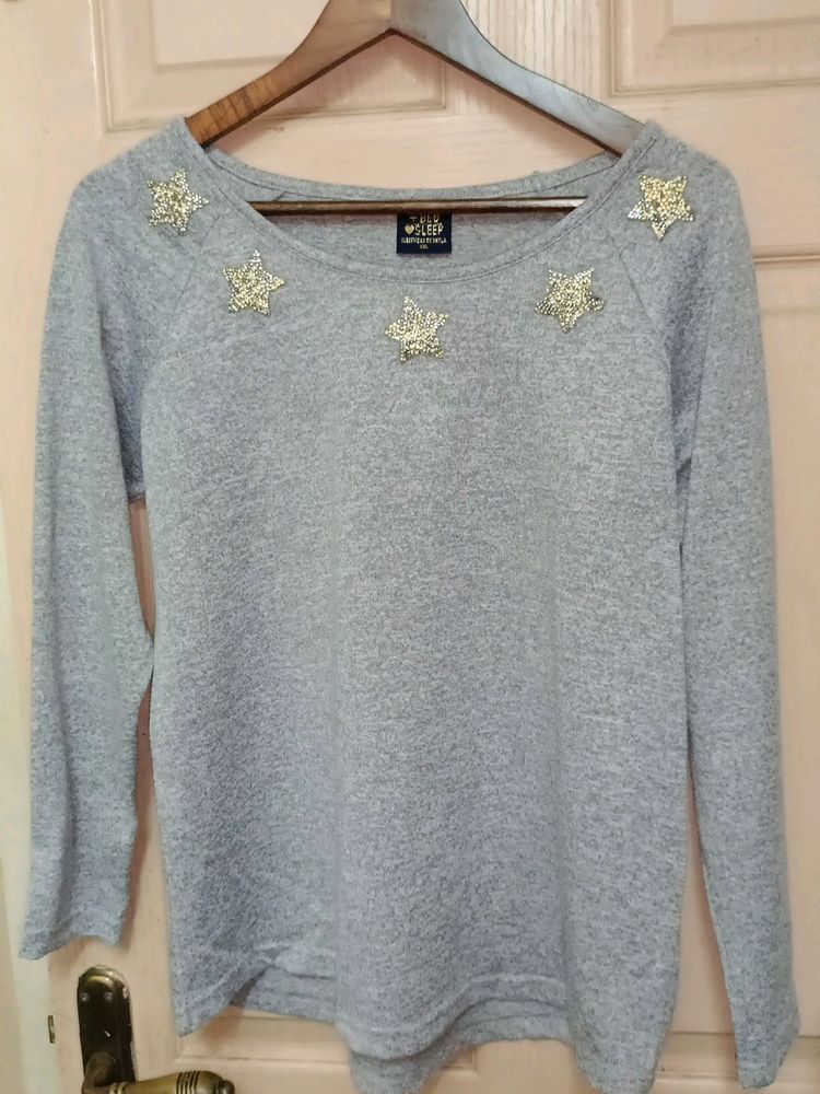 Glitter Embellished Grey Wollen  Full Sleeve Top