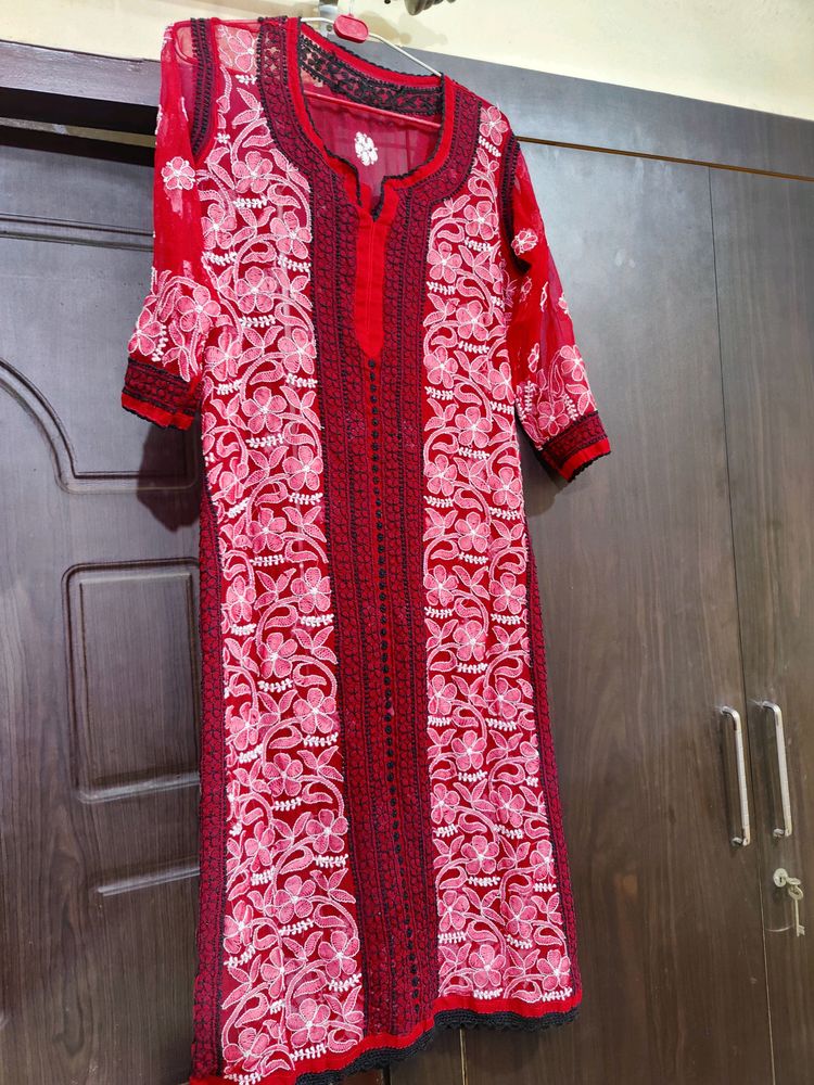 Chikankari Red Kurti With White Threadwork