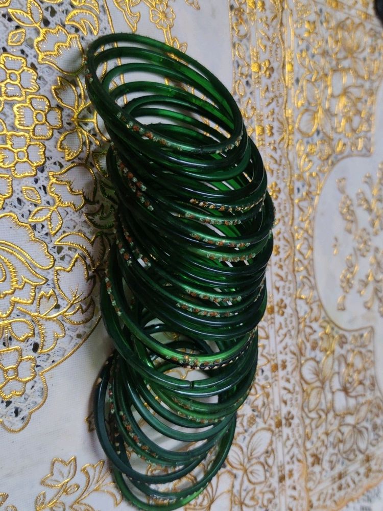 3 Set Of Glass Bangles 2.2 Size Beautiful Green Pi