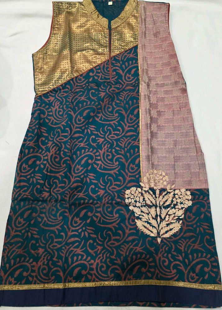 Teal &amp; Orange Printed Sleeveless Kurta