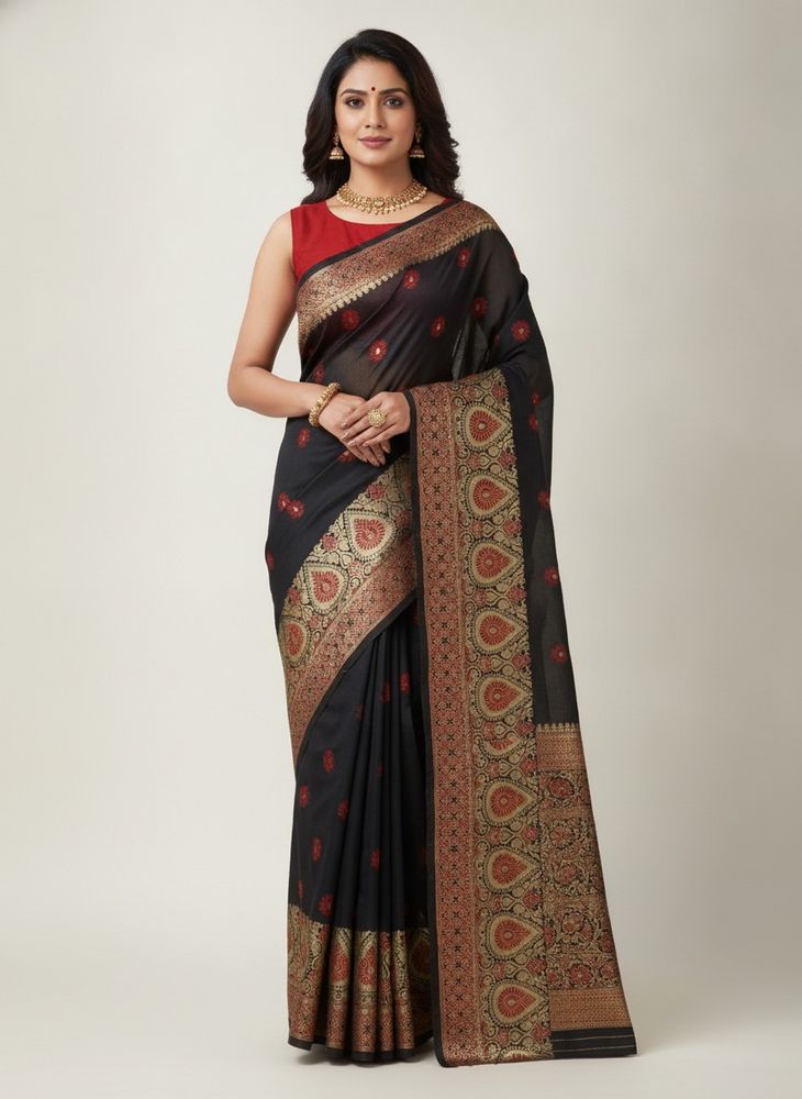 Elegant Black Saree with Red blouse piece.