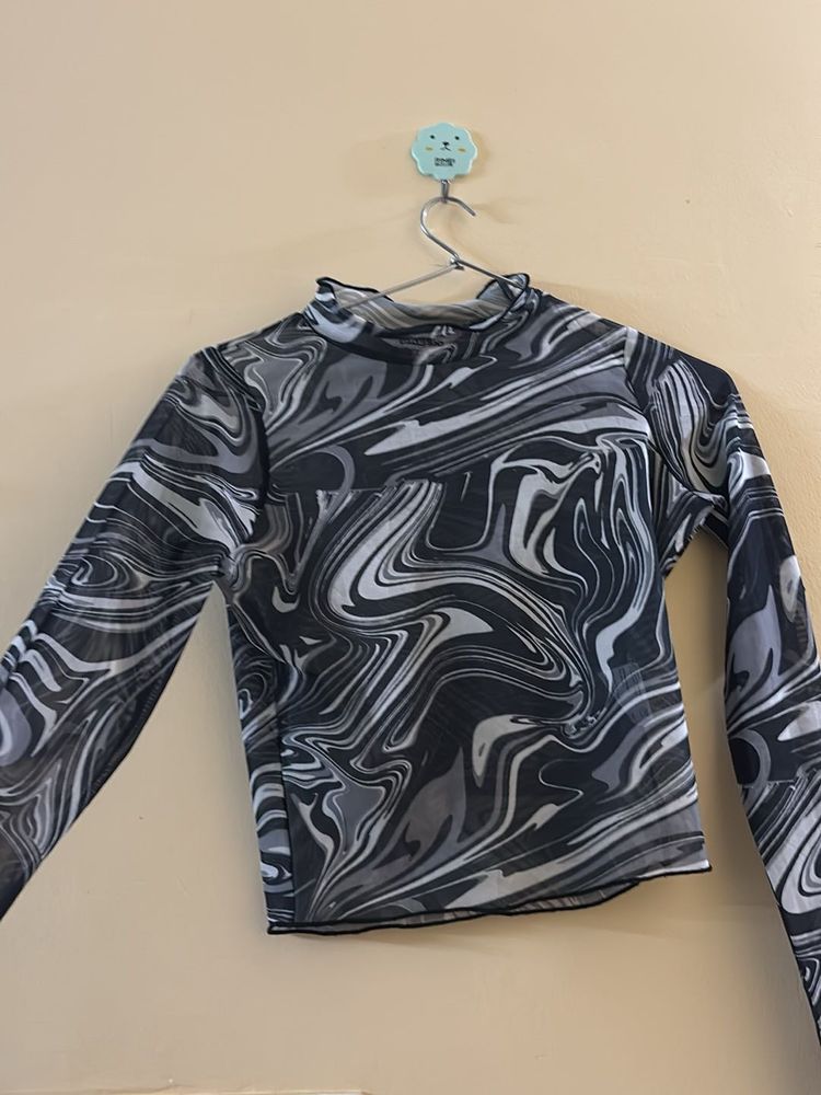Mesh Marble Print Long Sleeve Top