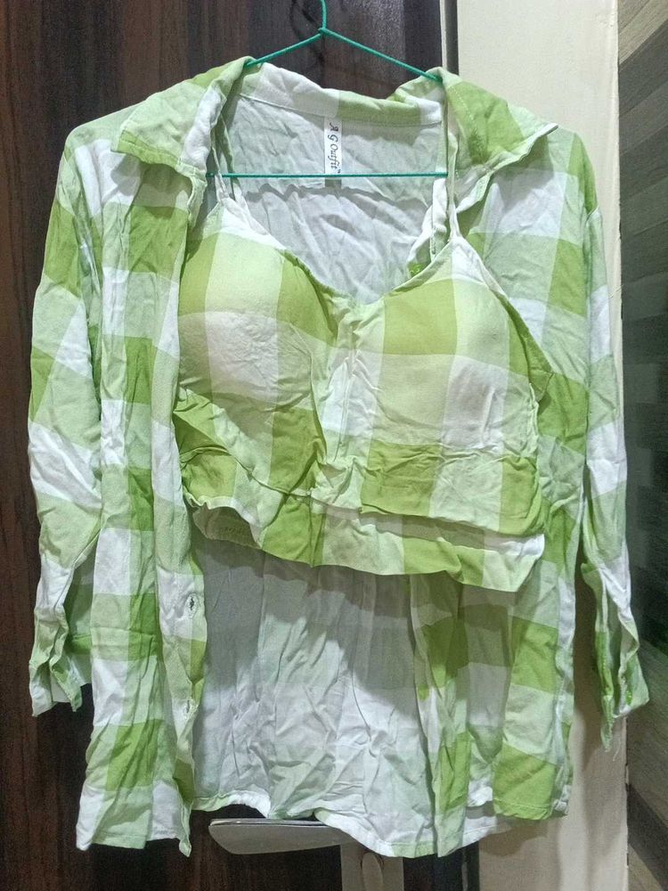 Green Gingham Shirt &amp; Bralette Set