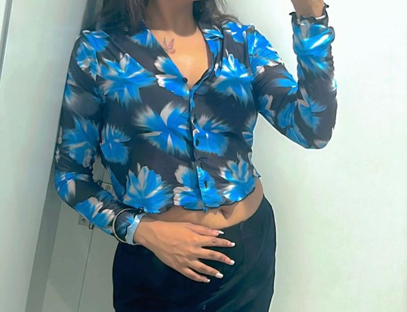 Sheer Floral Print Button-Up Crop Top