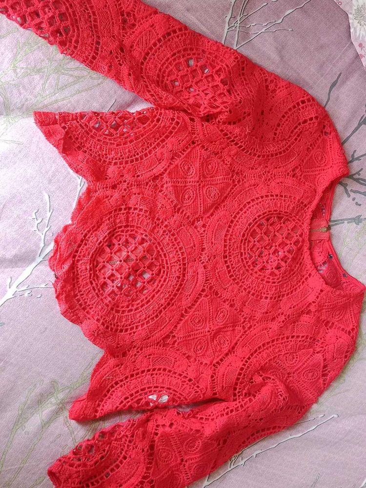Vibrant Red Lace Crop Top