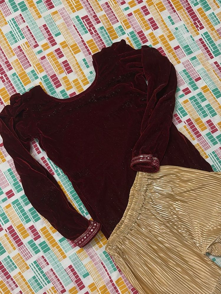 Velvet Kurta Set with Pleated Pants