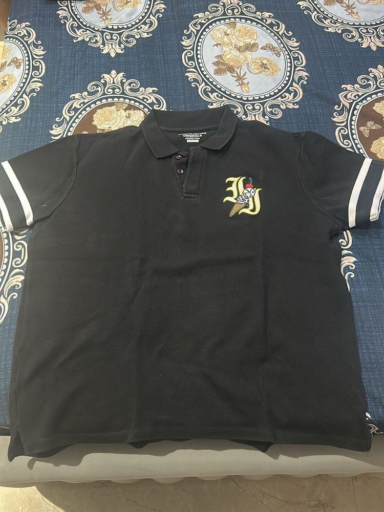 Men's Black Polo Shirt with Striped Sleeves