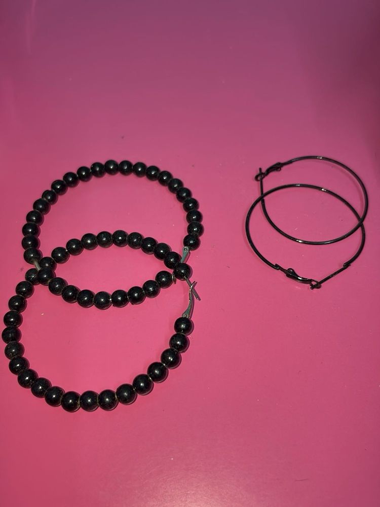Chic Black Beaded Hoop Earrings Set
