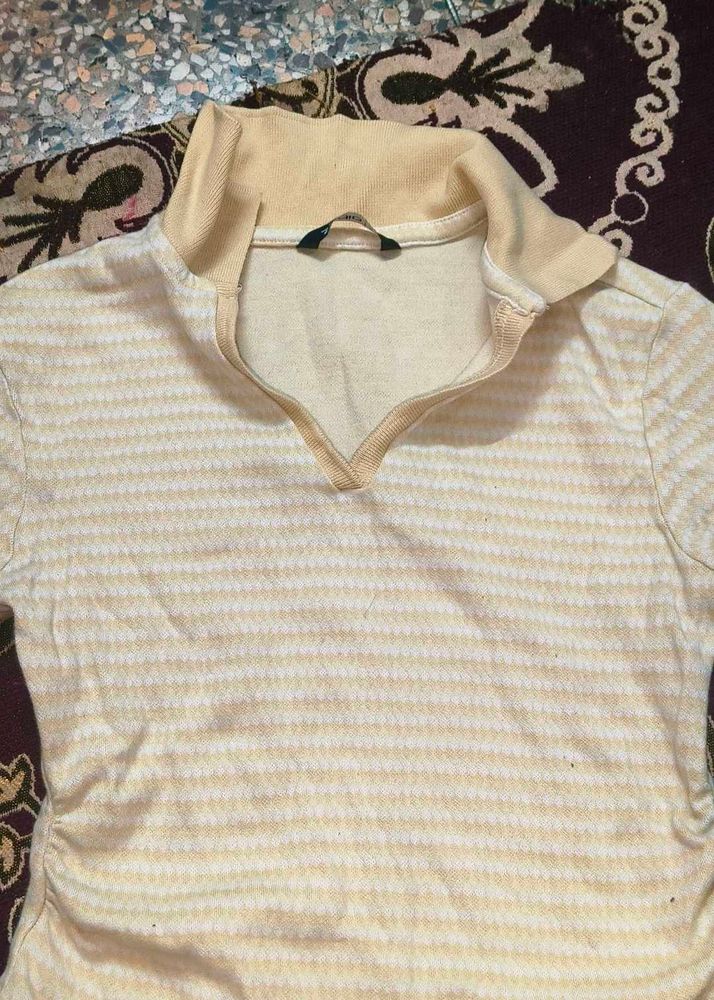 Yellow &amp; White Striped Collared Top for Women