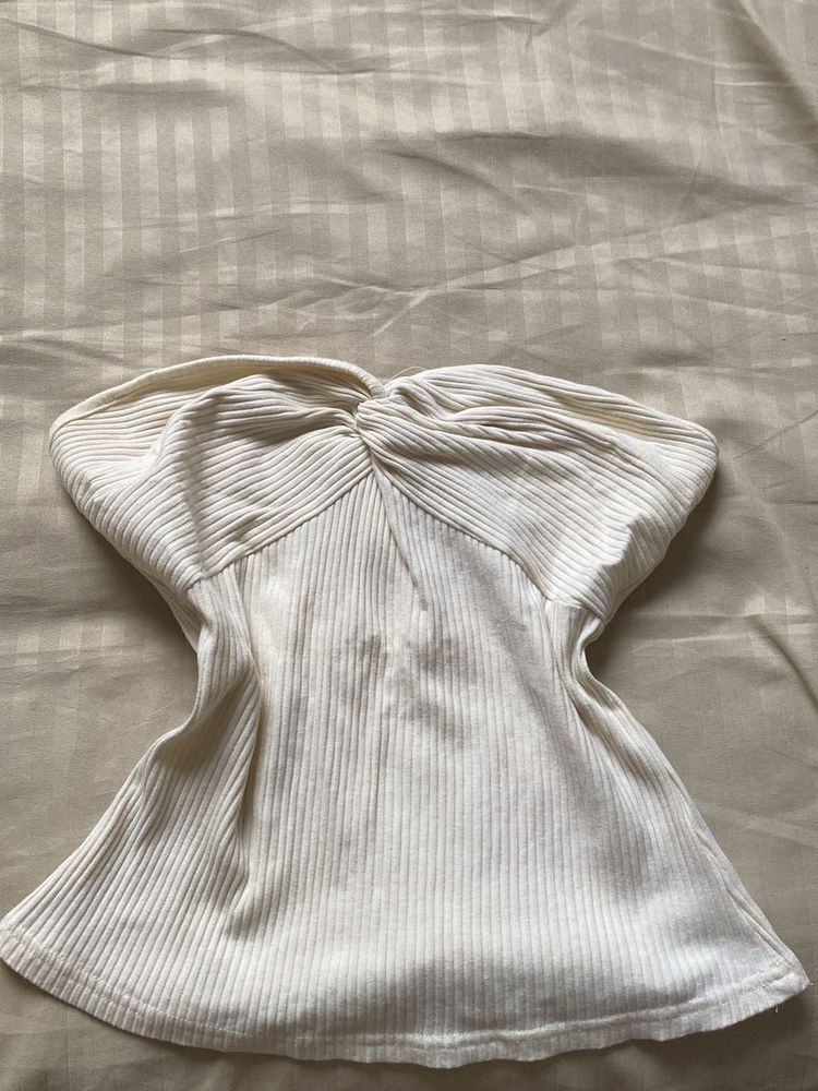 Cream Ribbed Twist Front Tube Top