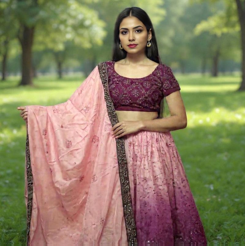 Elegant Pink &amp; Purple Embroidered Lehenga Choli