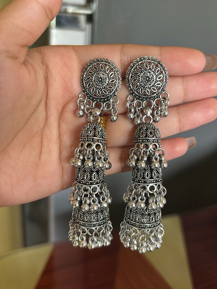 Oxidized Silver Jhumka Earrings