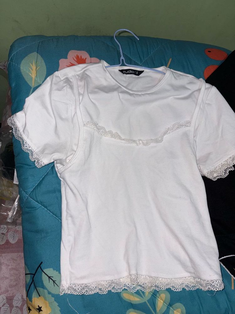 White Lace Trim T-Shirt