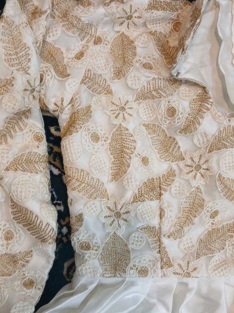 White &amp; Gold Embroidered INDO WESTERN GOWN