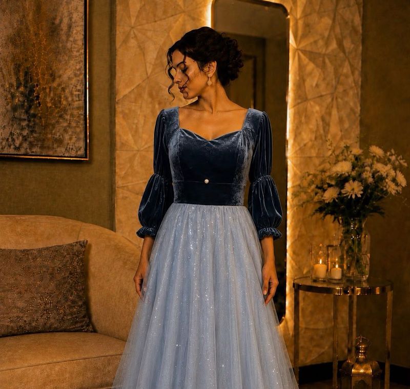 Elegant Velvet Blue Gown