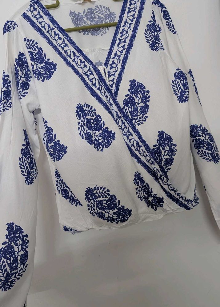 White Blue Print Wrap Top.