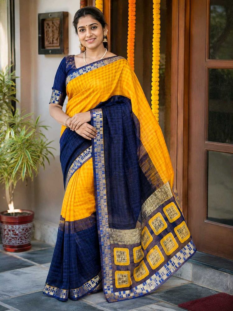 Yellow printed saree with stiched blouse ...