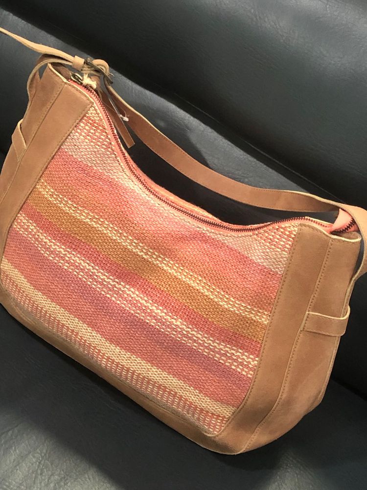Leather And Jute Striped Handbag