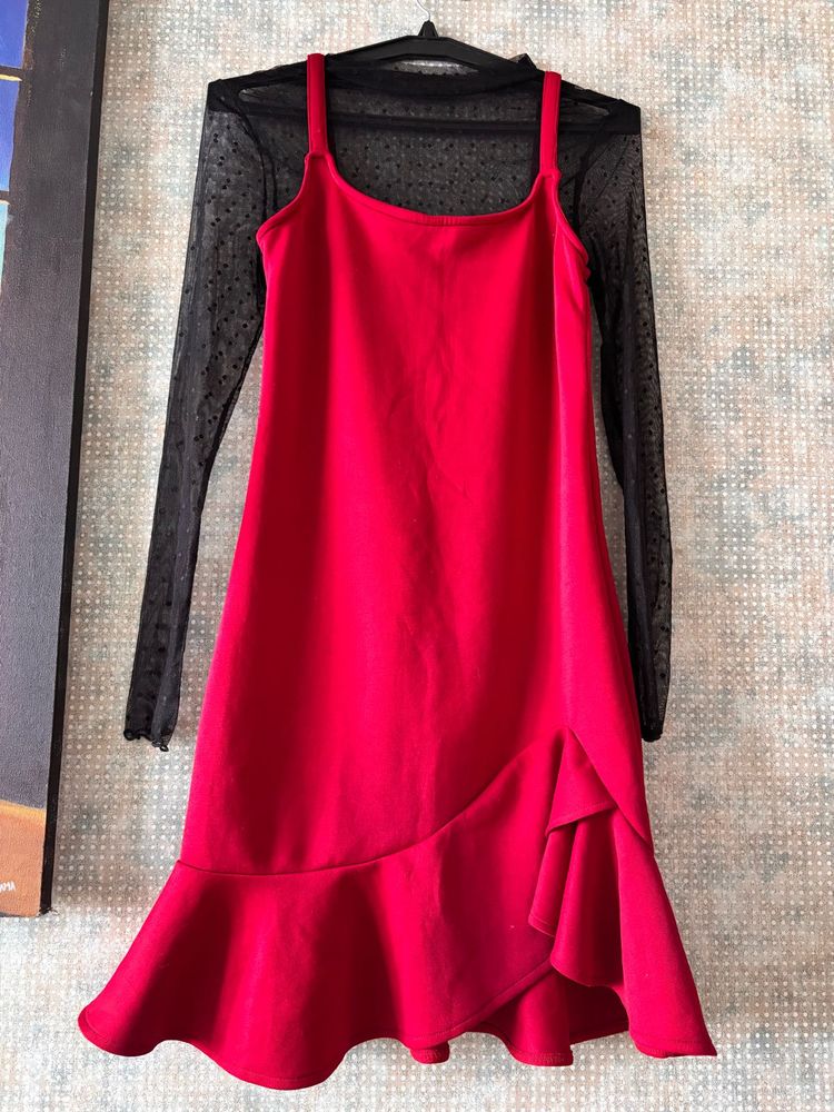 Chic Red Dress with Black Mesh Top