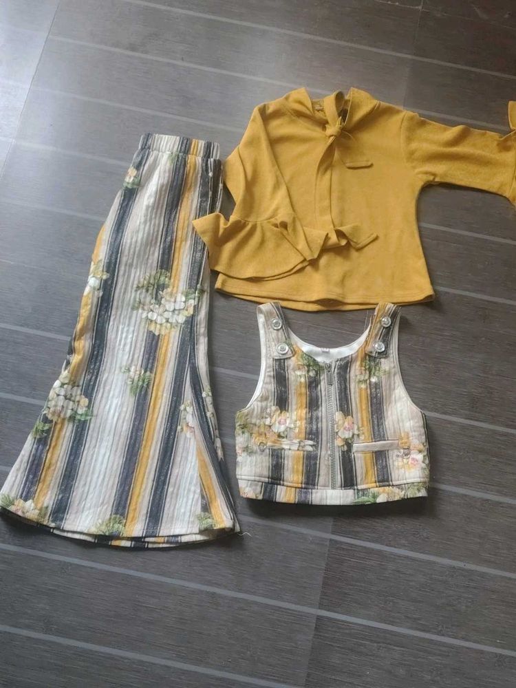 Yellow Mustard Kurta Set with Striped Skirt