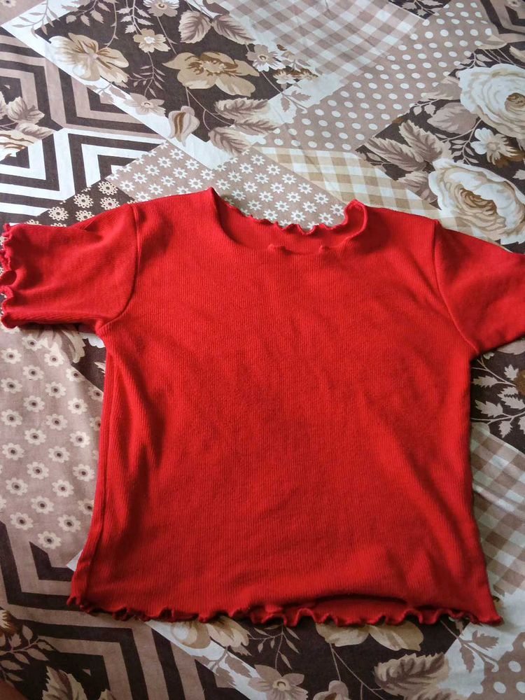Red Ruffled Neck T-Shirt
