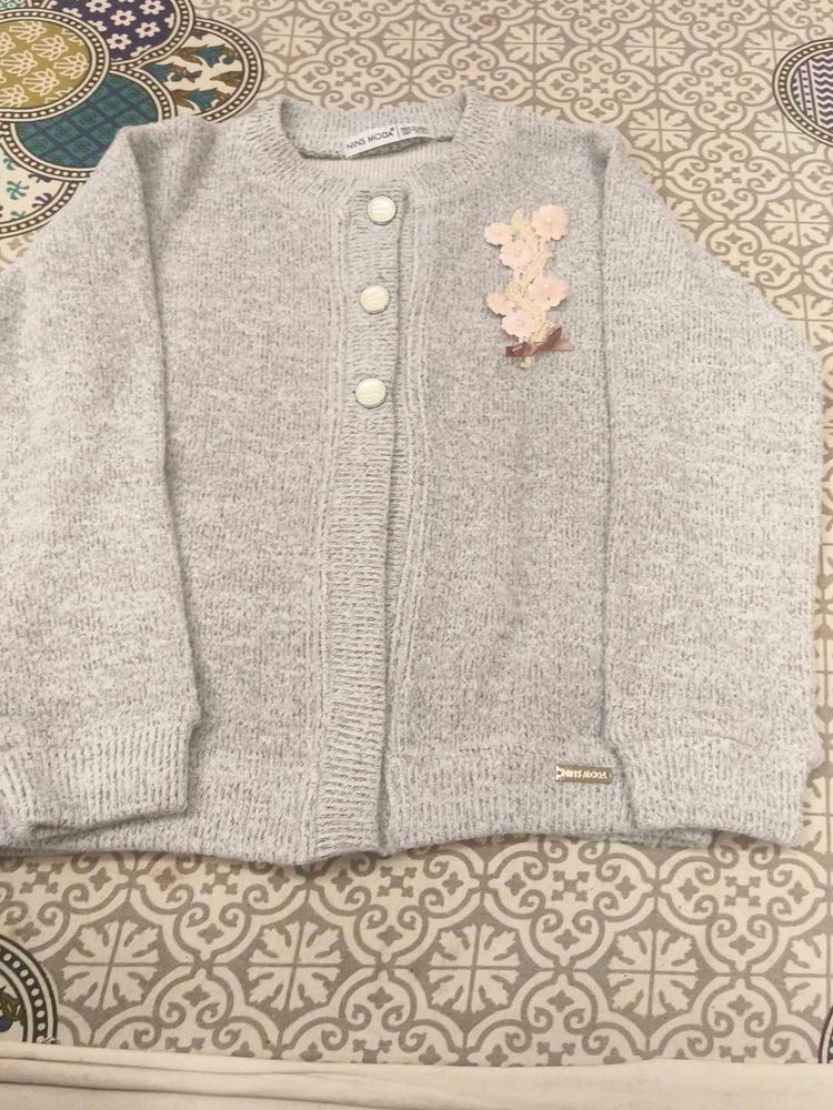 Cute Girl's Grey Knit Cardigan