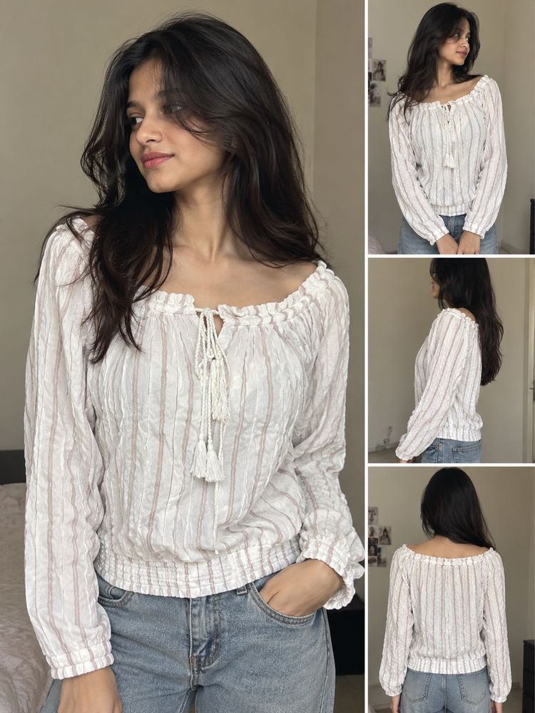Off-Shoulder Striped Smocked Blouse