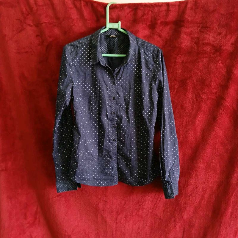 Navy Blue Polka Dot Silky Shirt Top Women