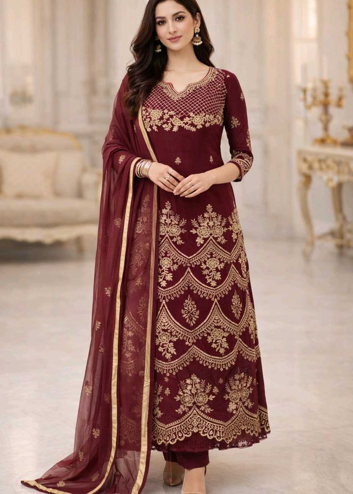 Elegant Embroidered Maroon gown with dupatta xxl