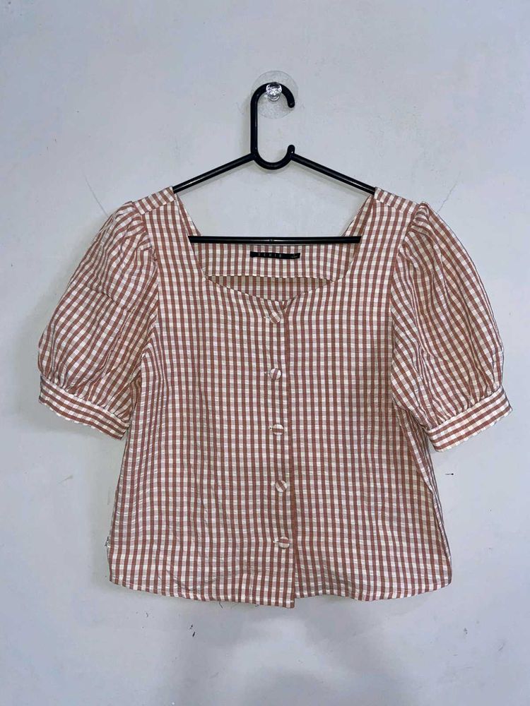 Square Neck Gingham Puff Sleeve Top