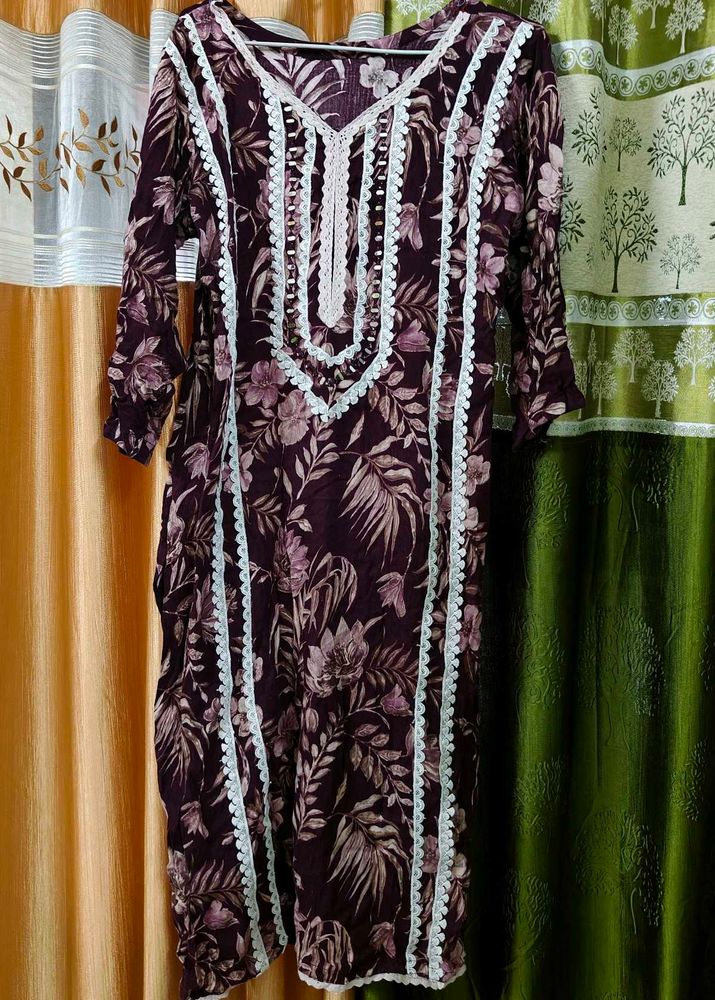 Floral Print Kurta with Lace Detail