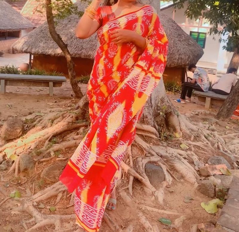 Red &amp; Yellow Block Print Saree