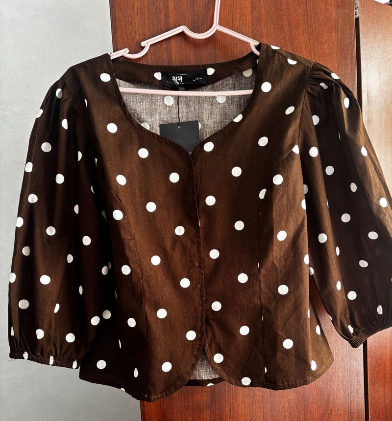 Chic Brown Polka Dot Puff Sleeve Top