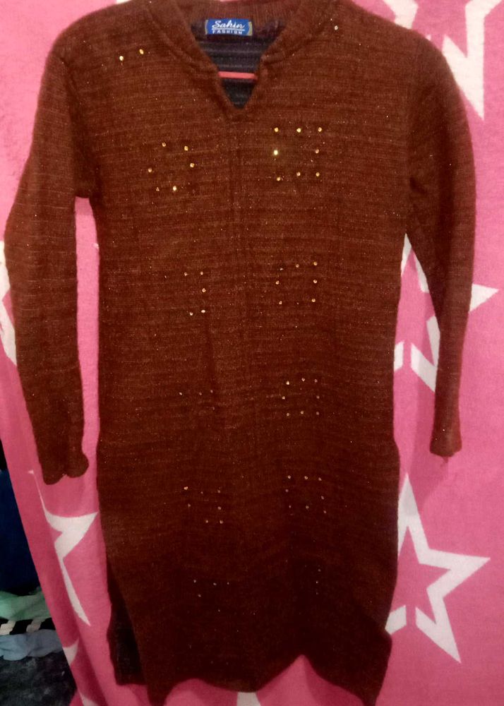 Stylish Brown Embellished Sweater Dress