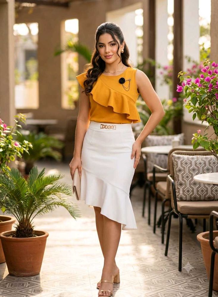Chic Ruffled Mustard Top &amp; White Skirt Set