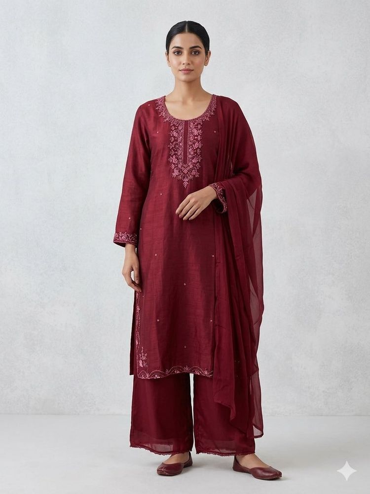 Maroon Embroidered Kurta Set with Palazzo