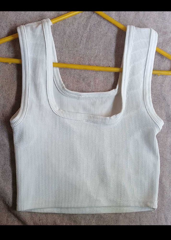 White Ribbed Square Neck Tank Top